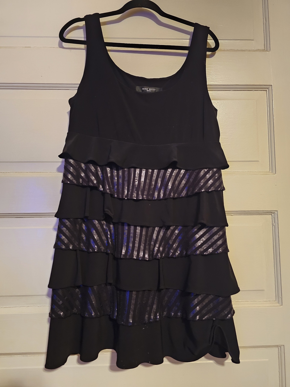 Nine West Black Tiered Ruffle Sequin Cocktail Dress - Size 14